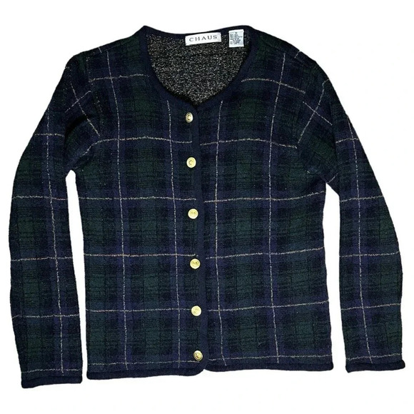 Chaus Vntg Wool Tartan Navy Green Plaid Sweater Blazer Gold Button Size Medium - Picture 1 of 6